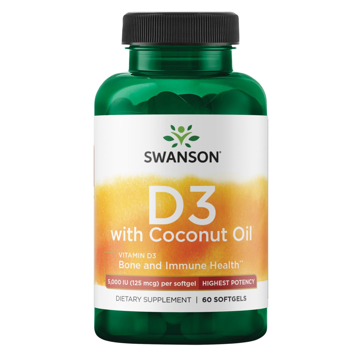 Flacon Swanson Vitamine D3 Coco, soutien potentiel des os et immunité.