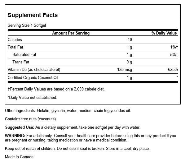 Gélules Swanson Vitamine D3 Coco, prise quotidienne pour l'absorption du calcium.
