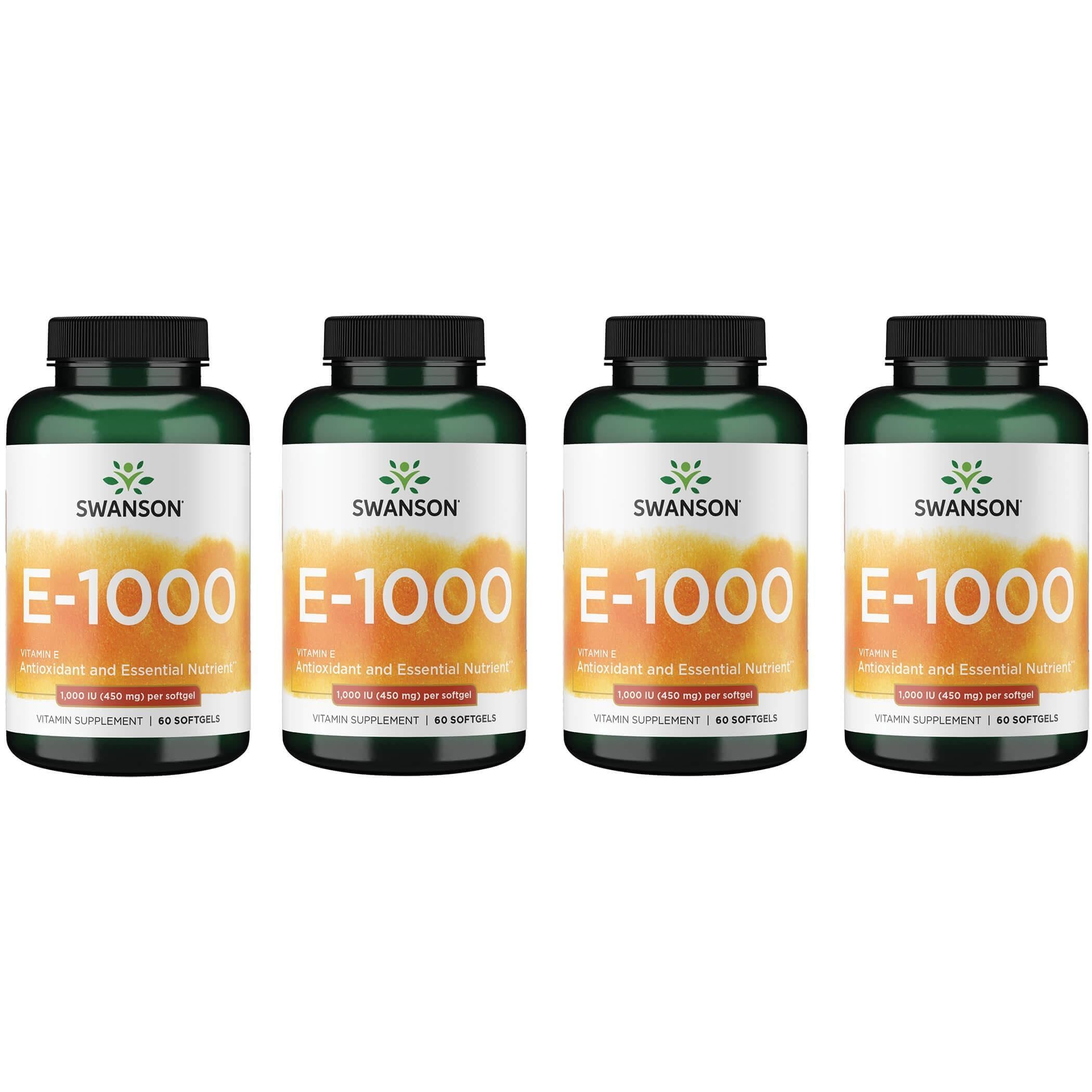Swanson vitamine E 1000 UI, gélules, aperçu du flacon, soutien antioxydant potentiel.