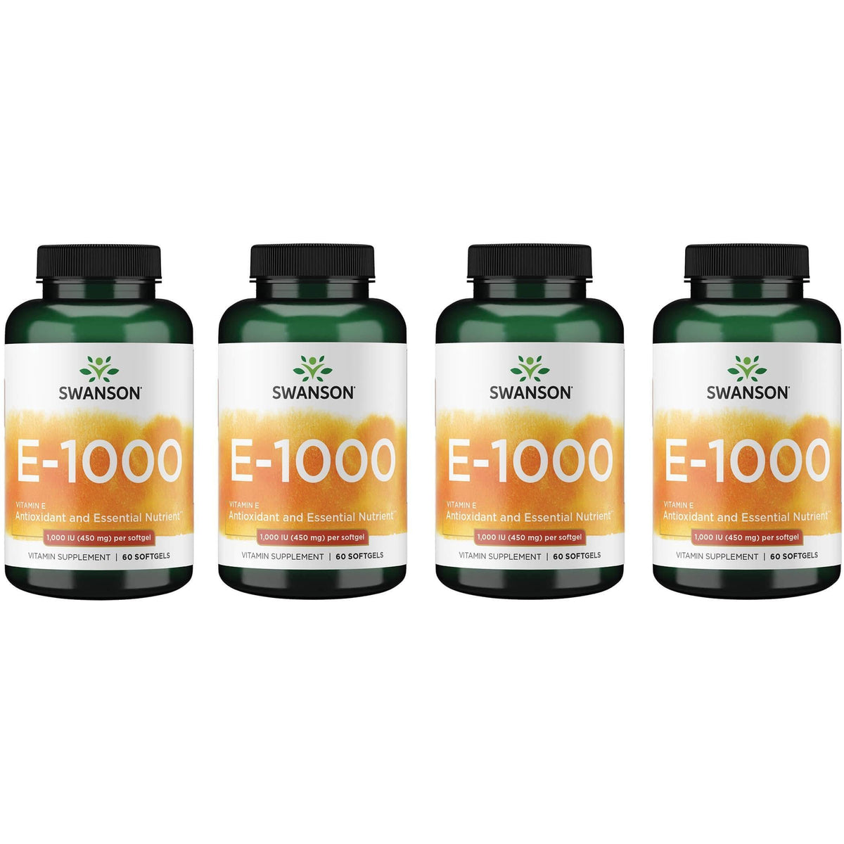 Swanson vitamine E 1000 UI, gélules, aperçu du flacon, soutien antioxydant potentiel.