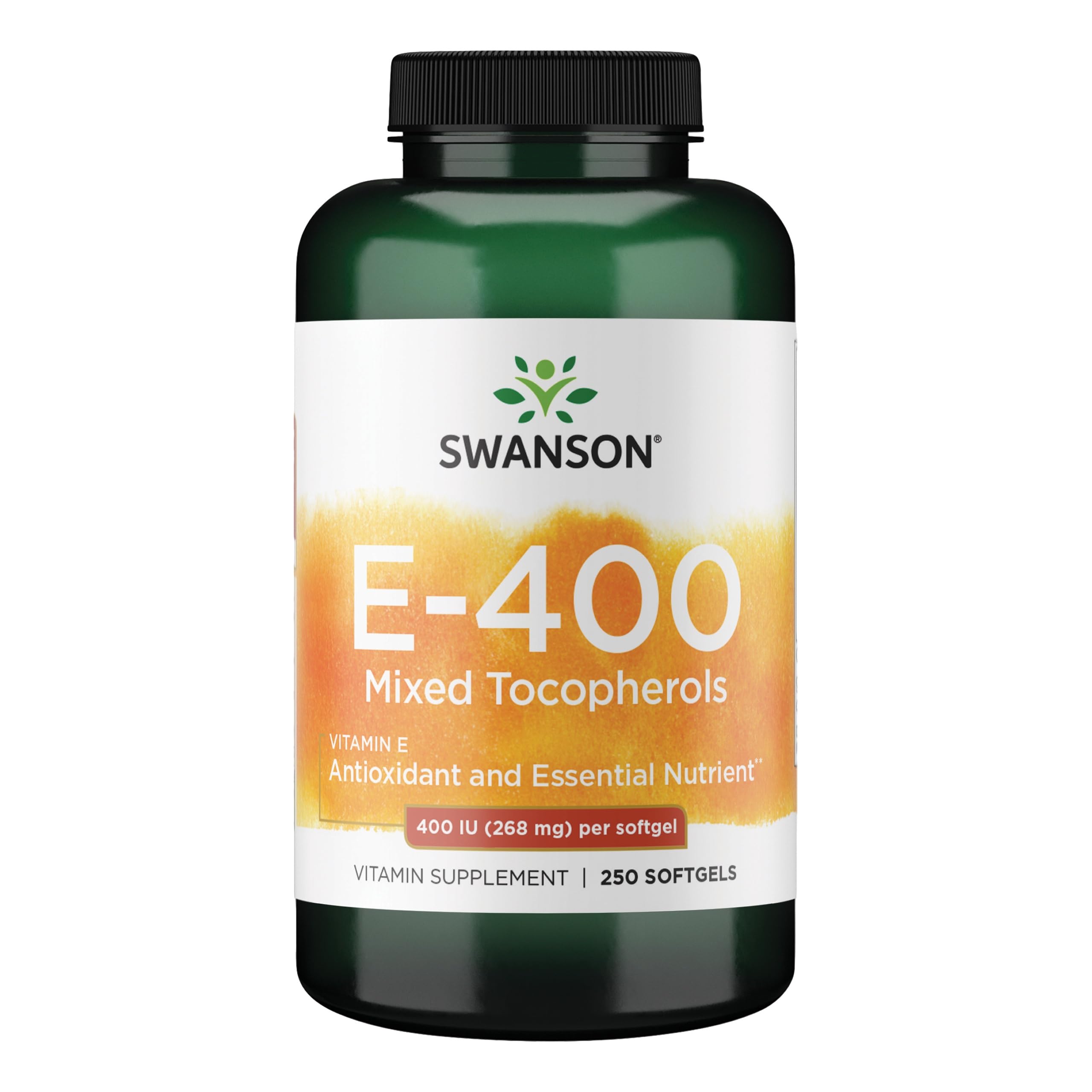 Swanson Vitamin E 400 UI dans une bouteille, soutien antioxydant potentiel pour la routine quotidienne.