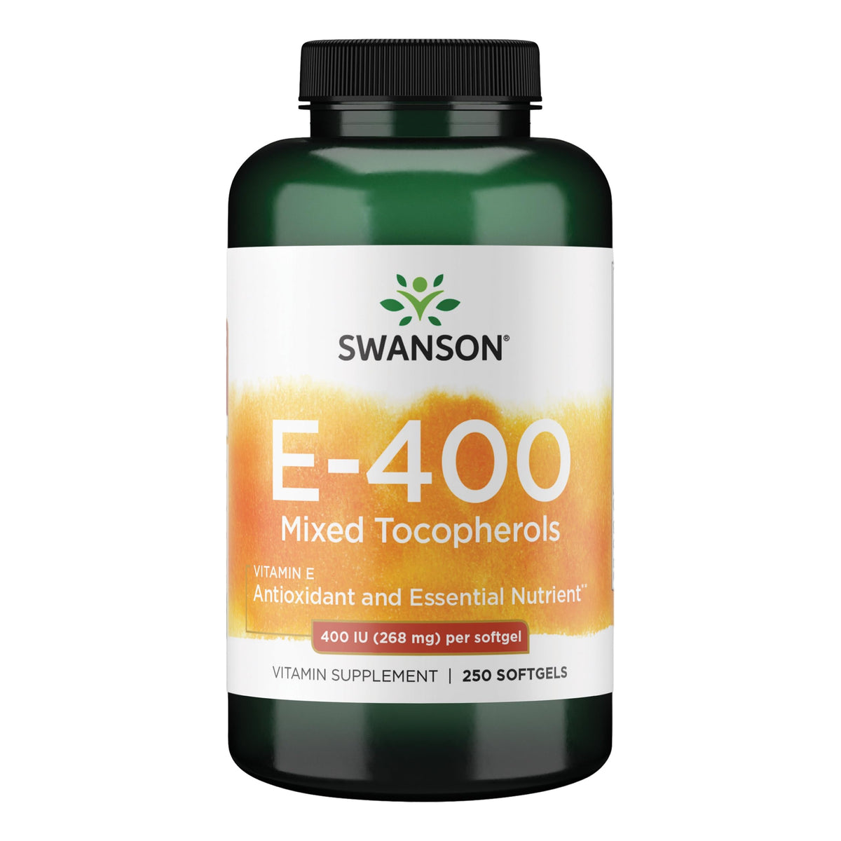 Swanson Vitamin E 400 UI dans une bouteille, soutien antioxydant potentiel pour la routine quotidienne.