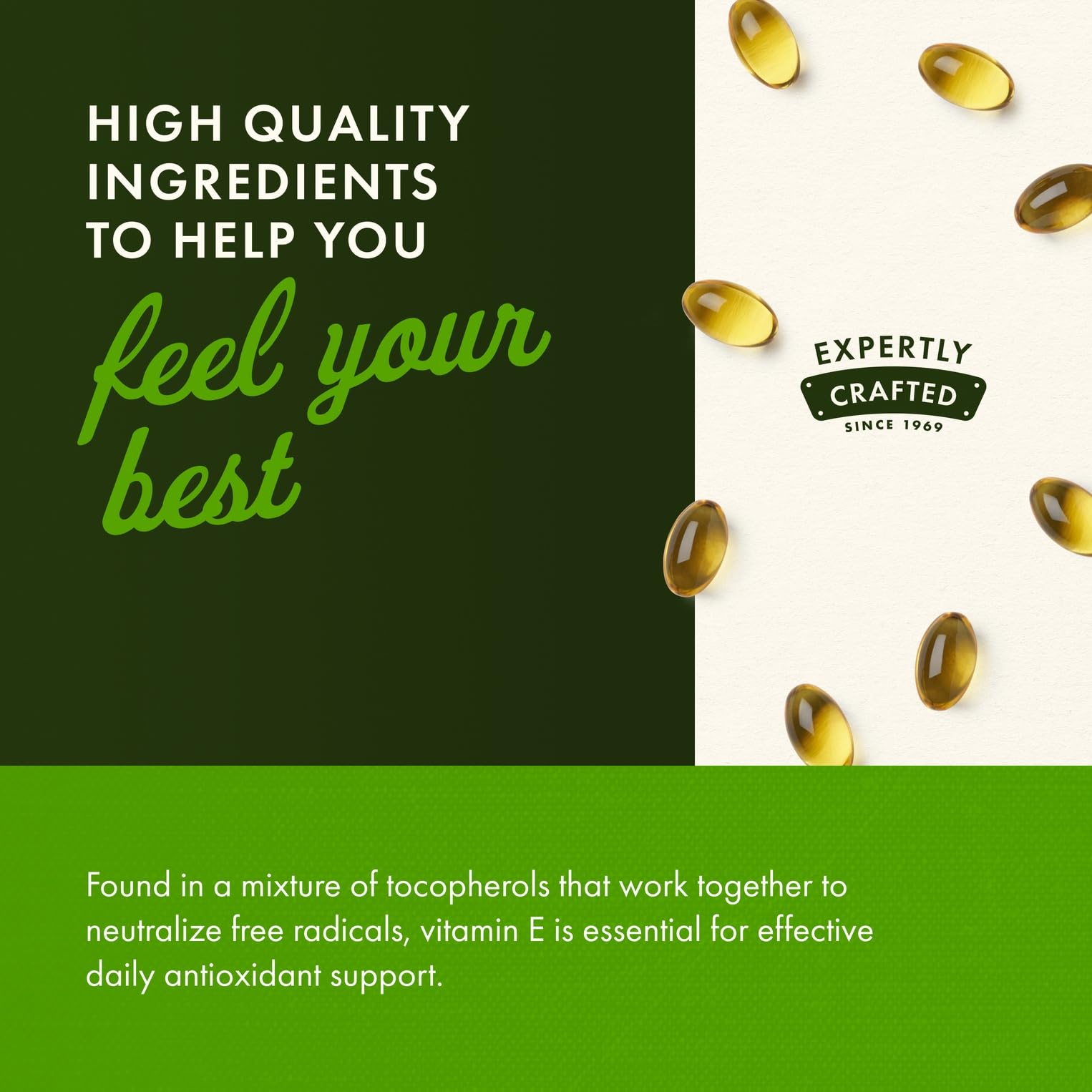 Dose quotidienne simple avec Swanson Vitamin E 400 UI, tocophérols mélangés.