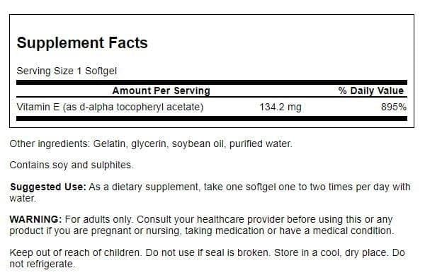 Swanson Vitamine E naturelle, étiquette-produit, informations claires et qualité garantie