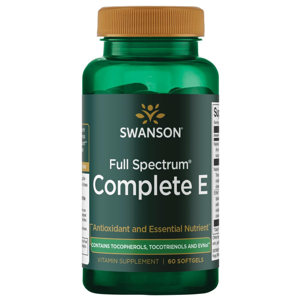 Swanson Vitamine E spectrum tocophérols et tocotriénols, bouteille de gélules molles pour le quotidien.