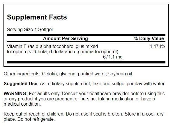 Swanson Vitamine E Mélange Tocophérols, capsules en usage quotidien, formule spectre complet.
