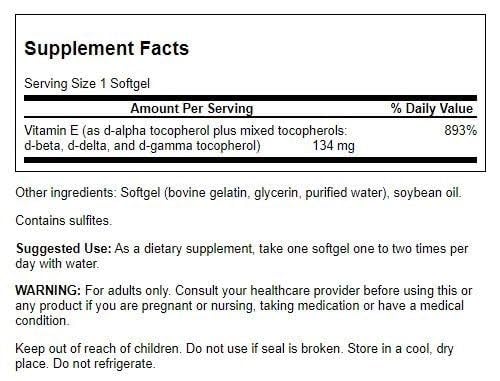 Swanson Vitamine E Tocophérols – étiquette lisible, dosage 200 unités internationales, usage quotidien.