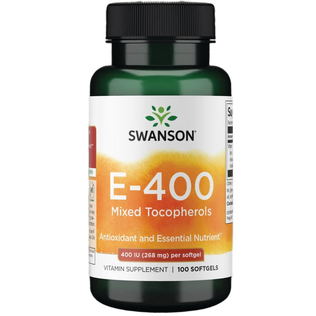 Swanson vitamine E tocophérols mélangés, bouteille visible, soutien antioxydant quotidien.