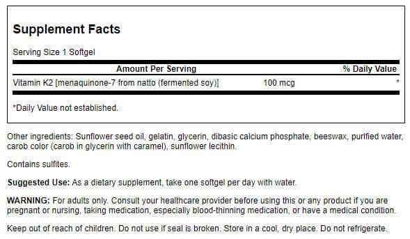 Swanson vitamine K2 MK7 en gélules, dosage quotidien pratique pour le bien-être.