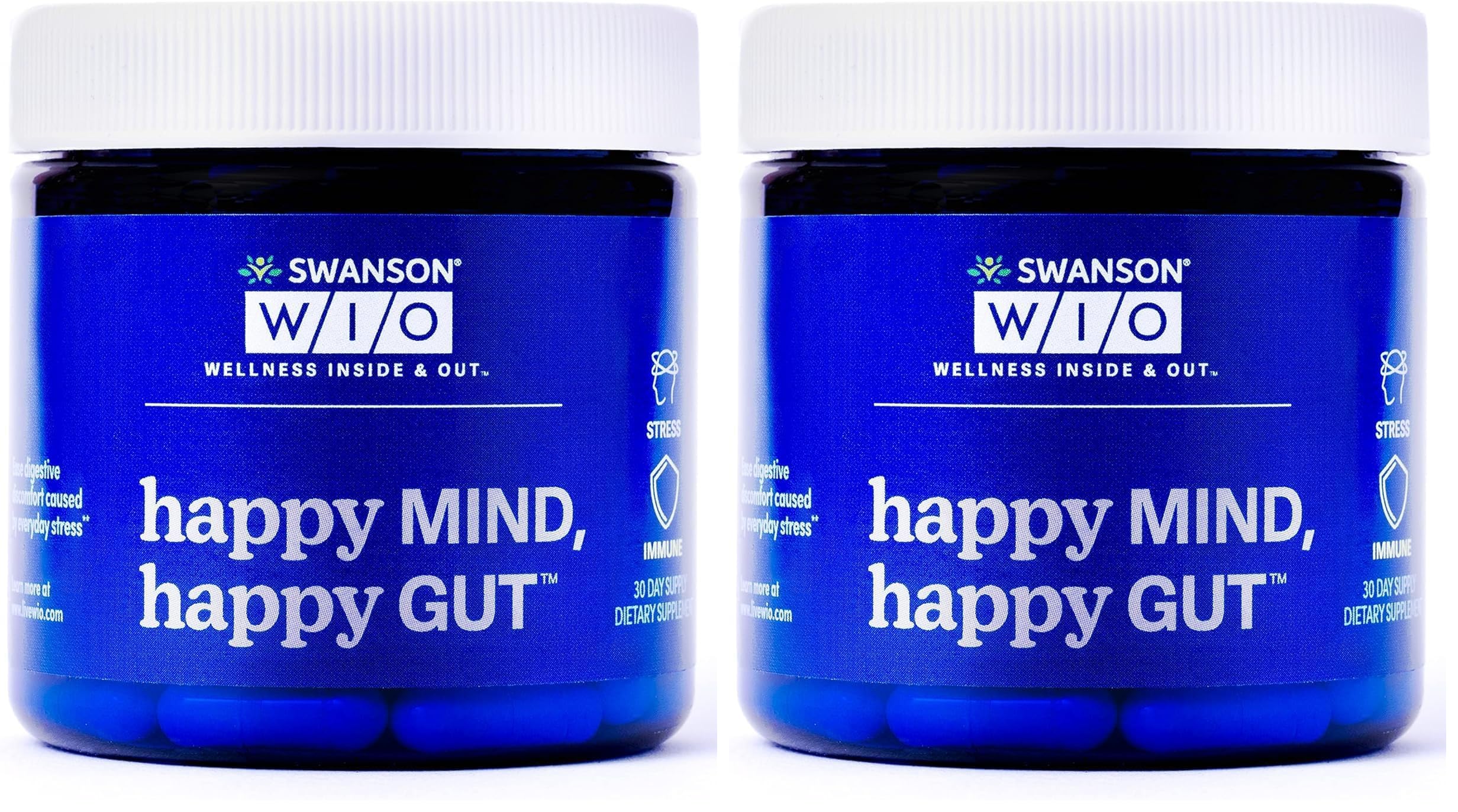 Swanson WIO Happy Mind: bouteille visible et capsule végétale, soutien digestif potentiel.
