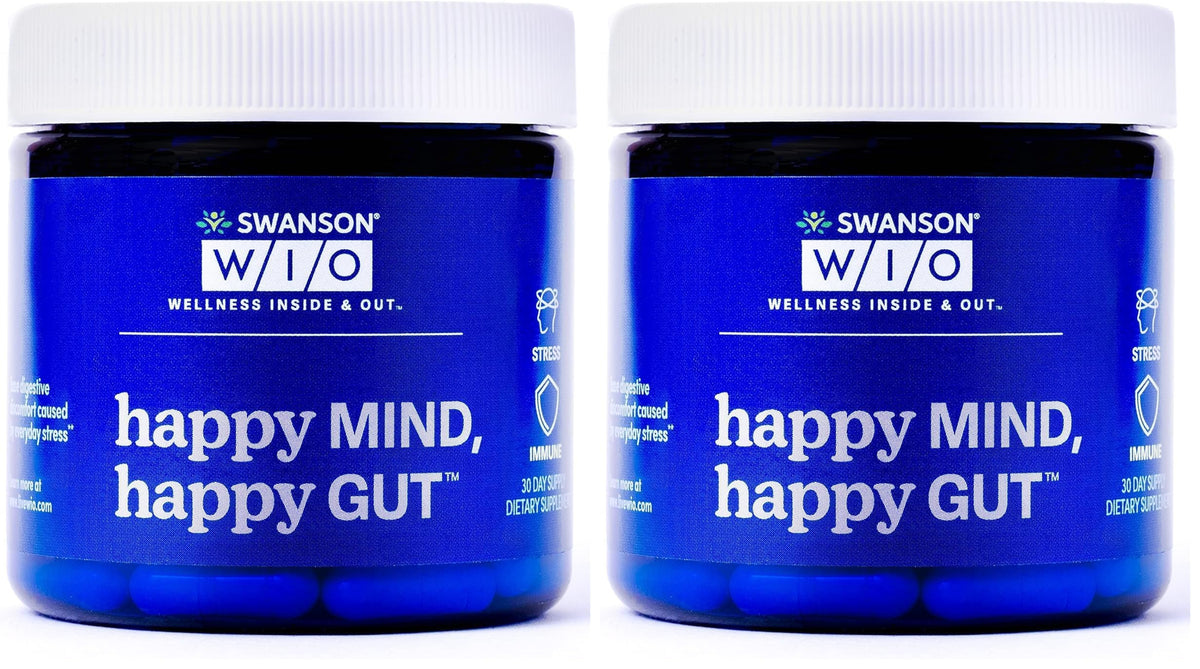 Swanson WIO Happy Mind: bouteille visible et capsule végétale, soutien digestif potentiel.