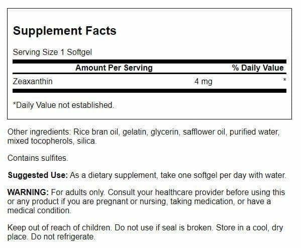 Gros plan sur les gélules Swanson Zeaxanthin 4 mg, faciles à avaler