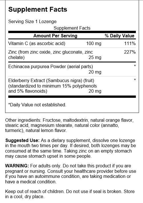 Swanson Zinc-C Pastilles dans une bouteille, goût orange citron idéal pour usage quotidien.