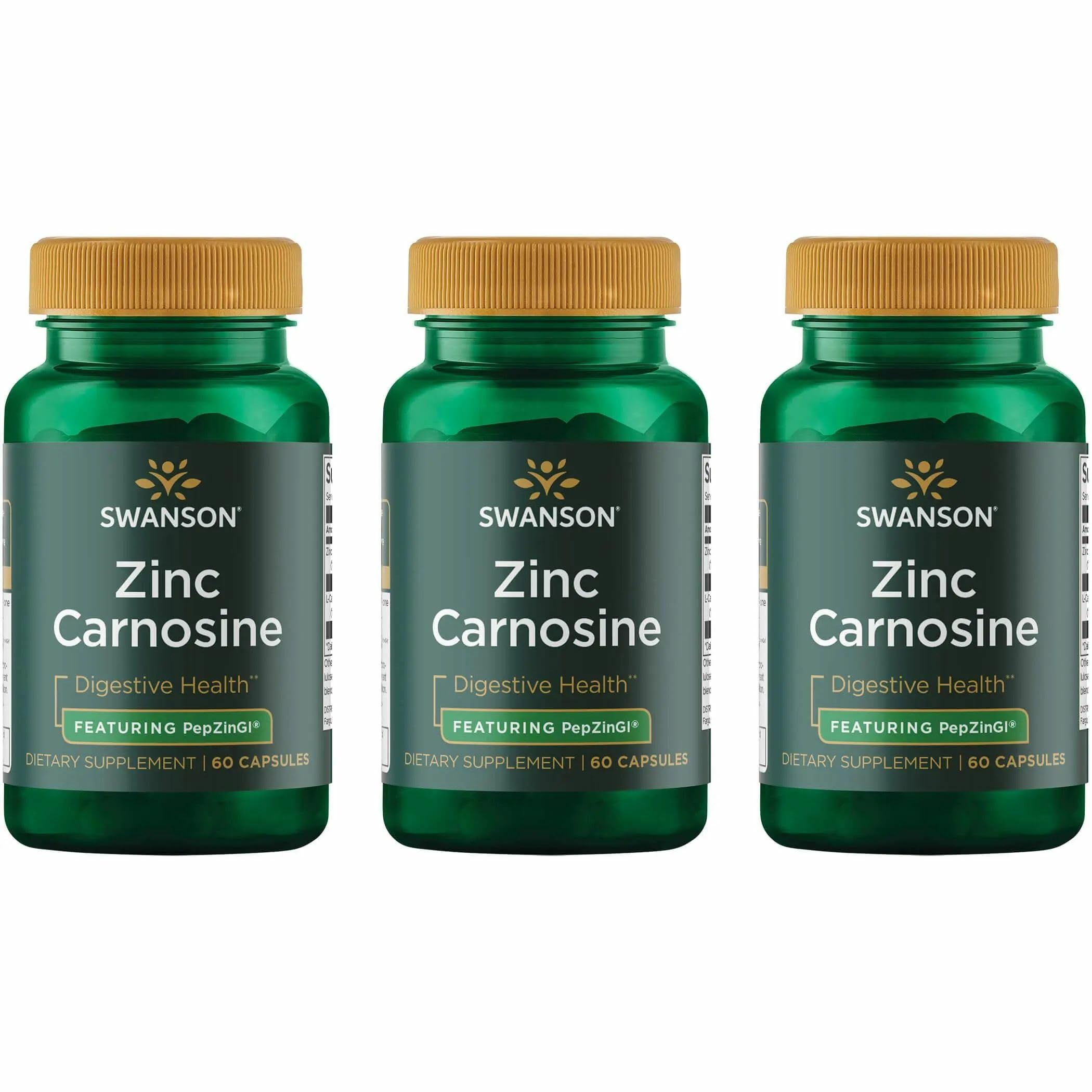 Swanson Zinc Carnosine, bouteille de 60 capsules, pack pratique pour usage quotidien.