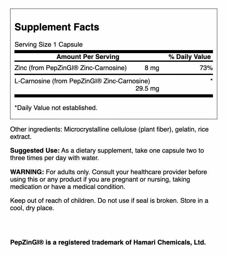 Swanson Zinc Carnosine – étiquette lisible sur la boîte, solution pratique pour votre routine.