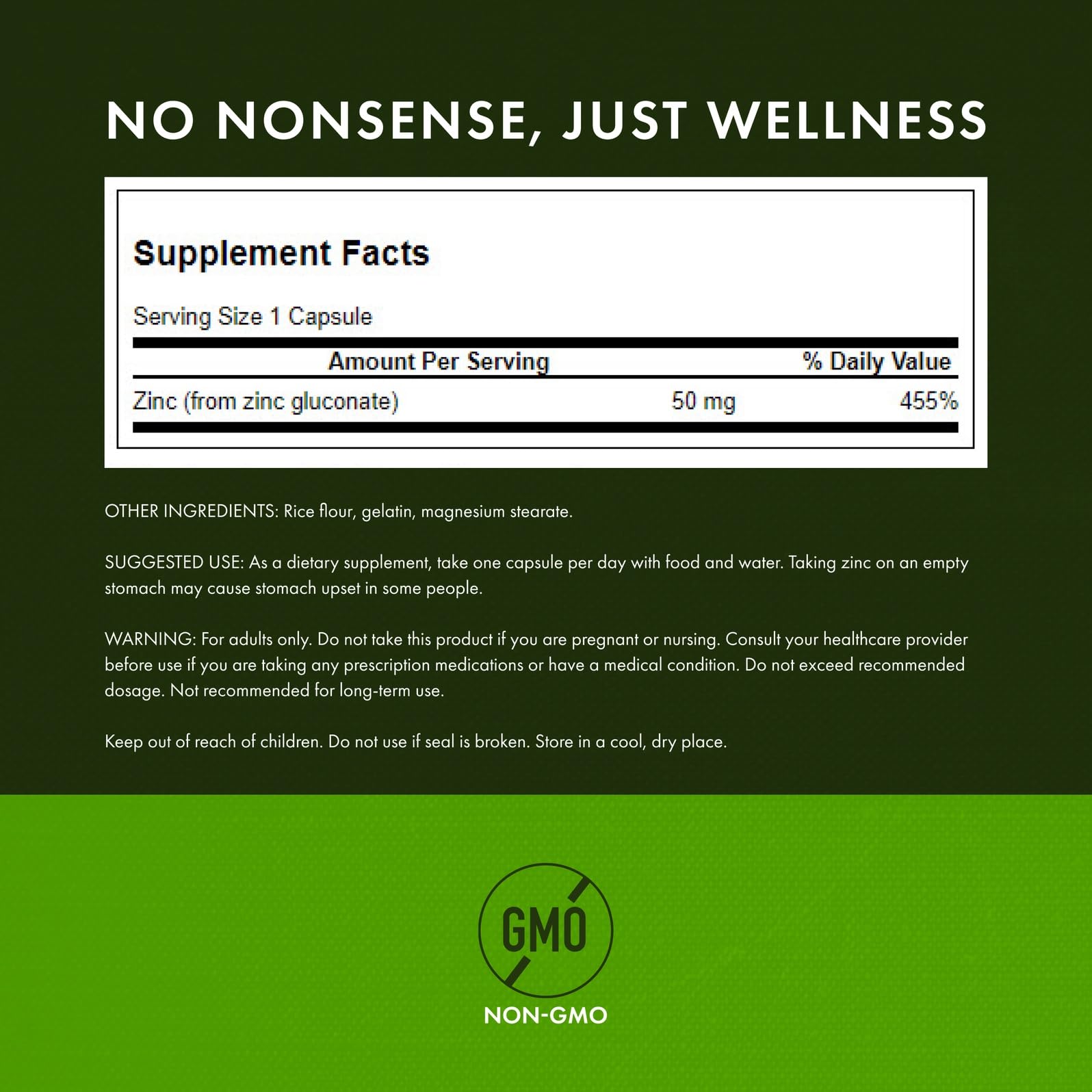 Étiquette Swanson Zinc Gluconate : informations claires sur la posologie.