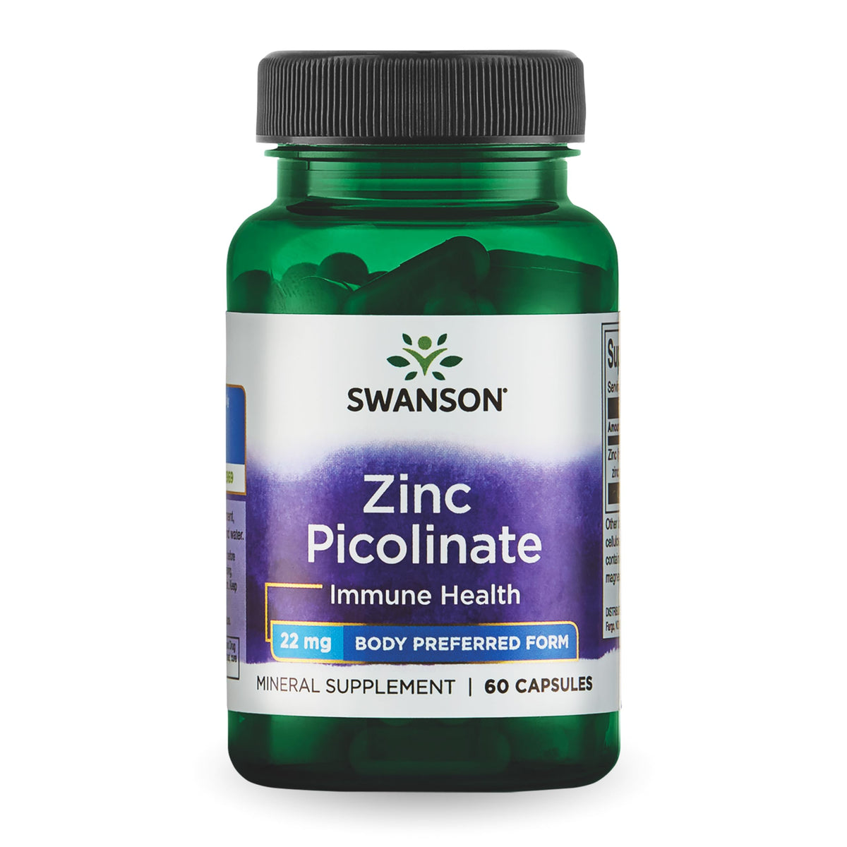 Swanson Zinc Picolinate – bouteille: gélules faciles à avaler pour soutien immunitaire potentiel.