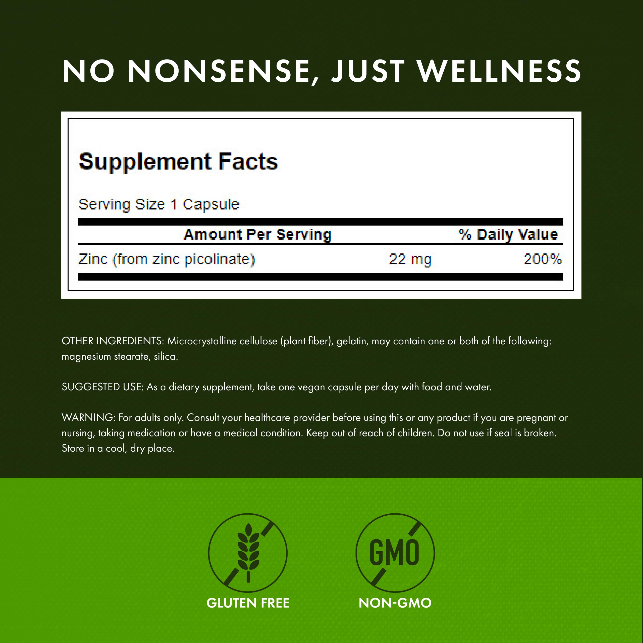 Swanson Zinc Picolinate – dose quotidienne affichée pour une prise régulière.