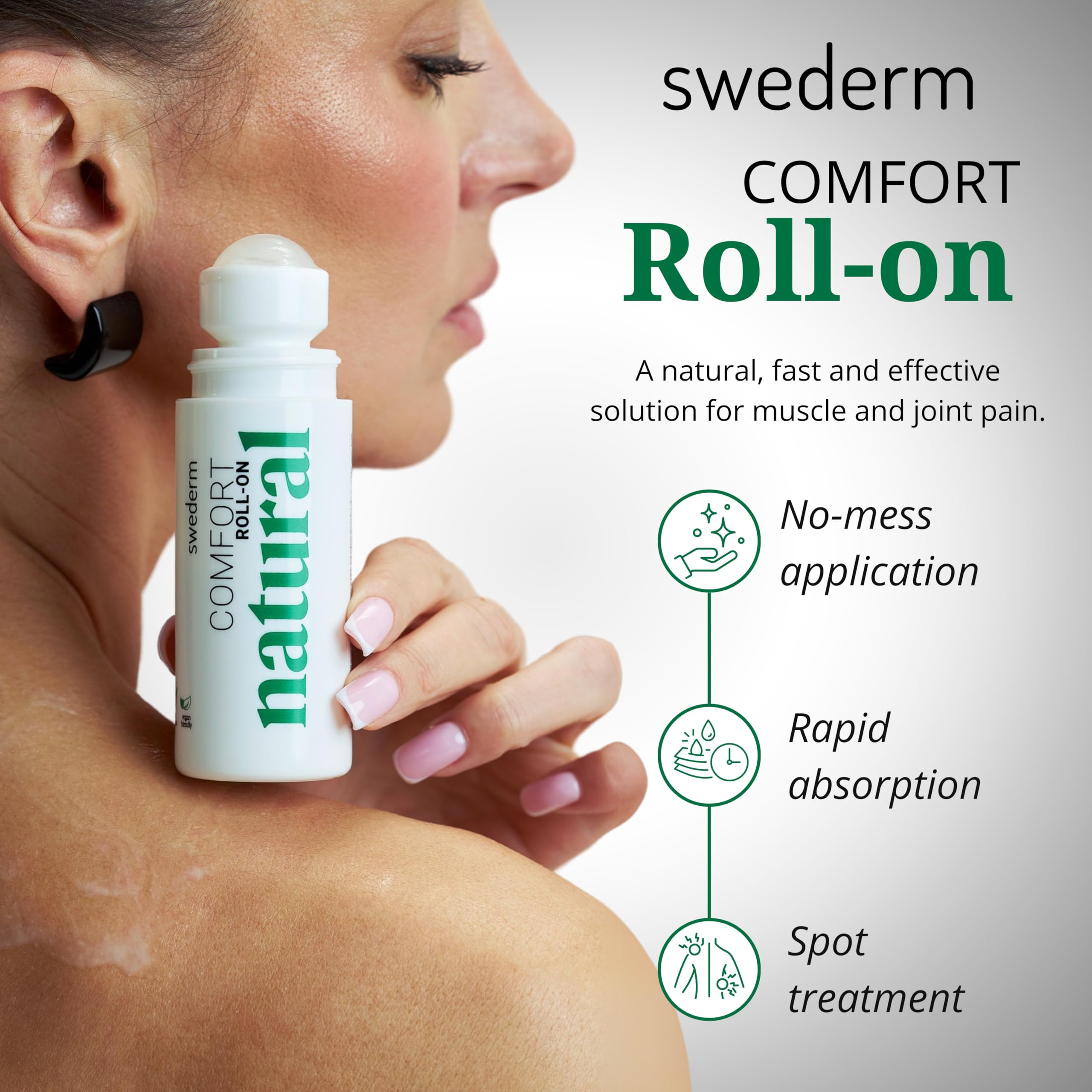 Swederm gel-application roll-on précise, usage ciblé pour soulager zones sensibles.