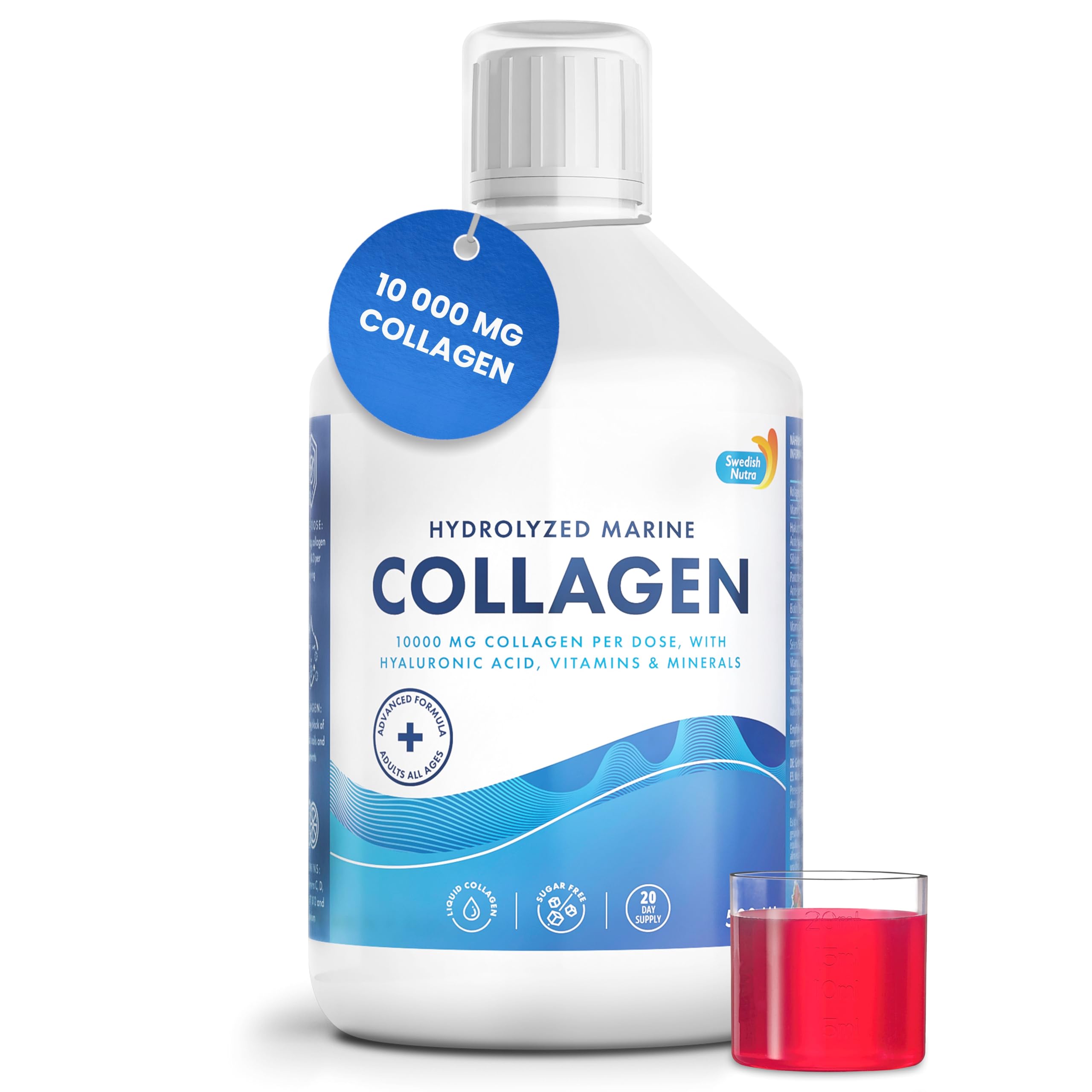 Swedish Nutra collagène marin liquide, bouteille 500 ml pour cheveux et peau hydratés.