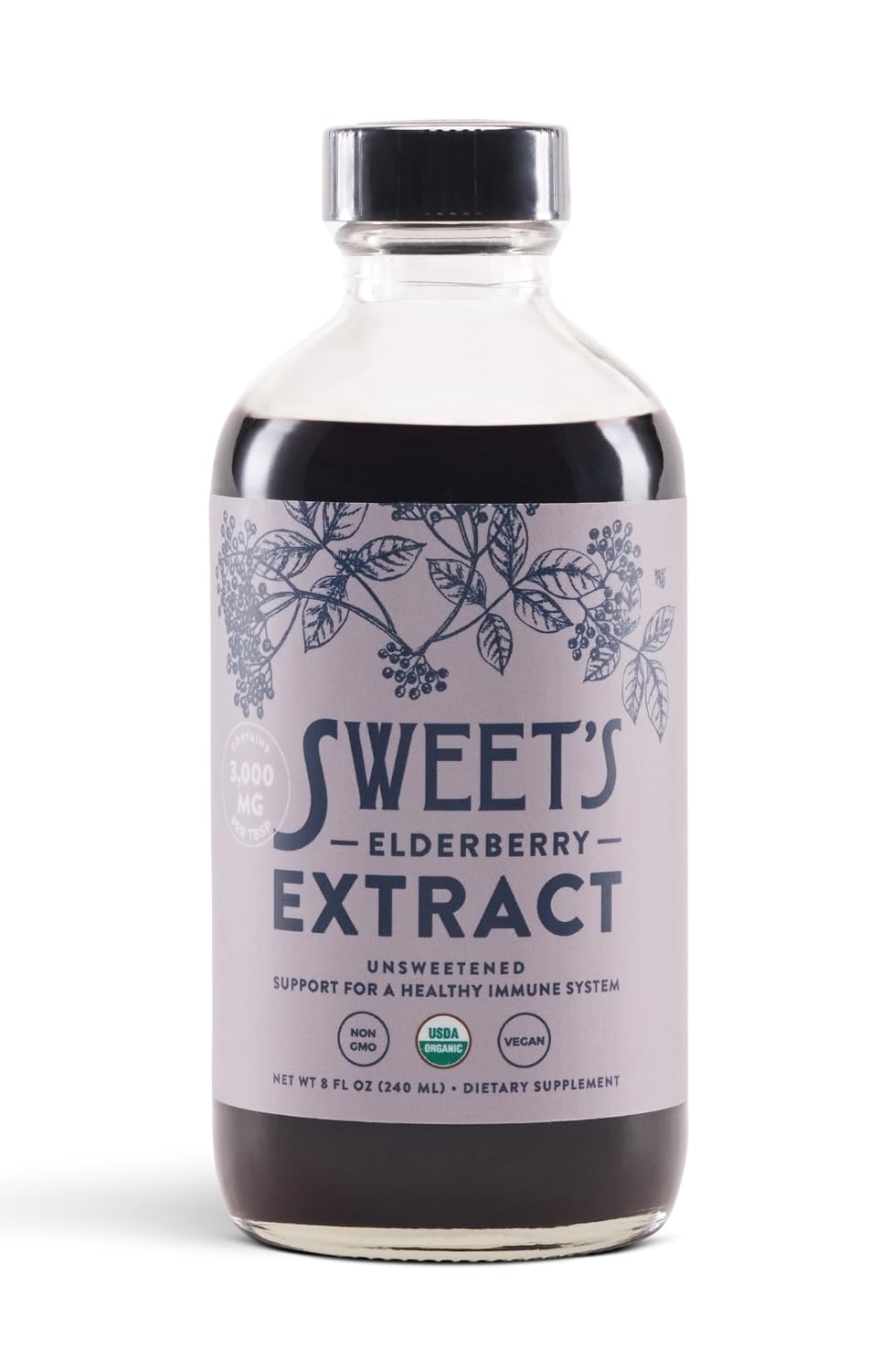 Bouteille Sweet's Elderberry Extrait prête à l’emploi pour un soutien immunitaire potentiel.