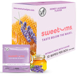 Lingettes Sweetums parfumées lavande miel dans emballage individuel, fraîcheur discrète.
