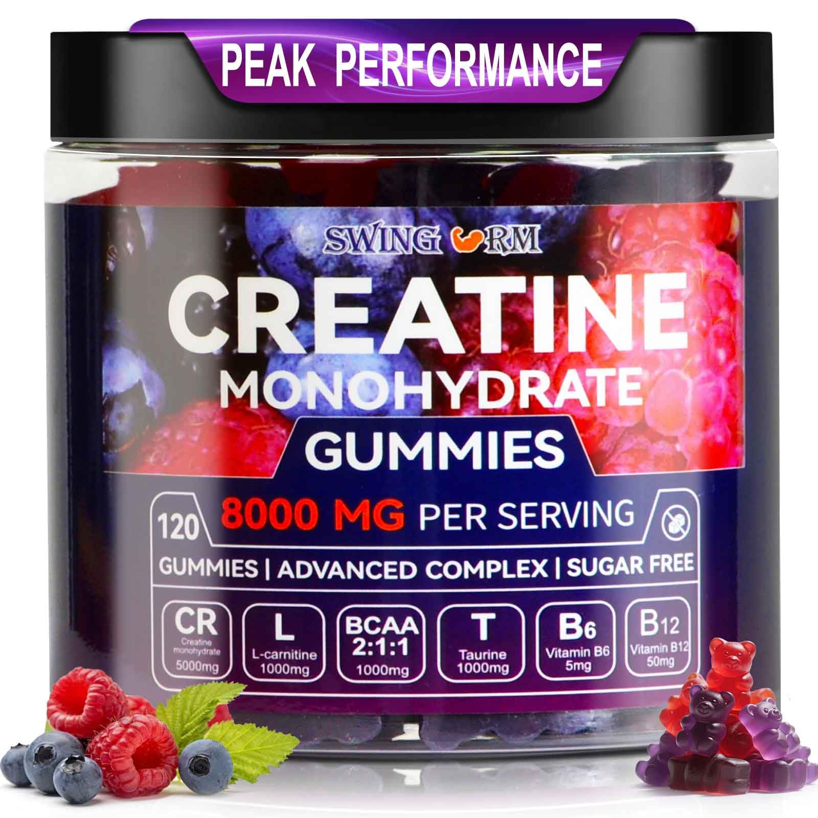 Swing Arm gommes à la créatine monohydrate 8000mg en bouteille, soutien potentiel à la force.
