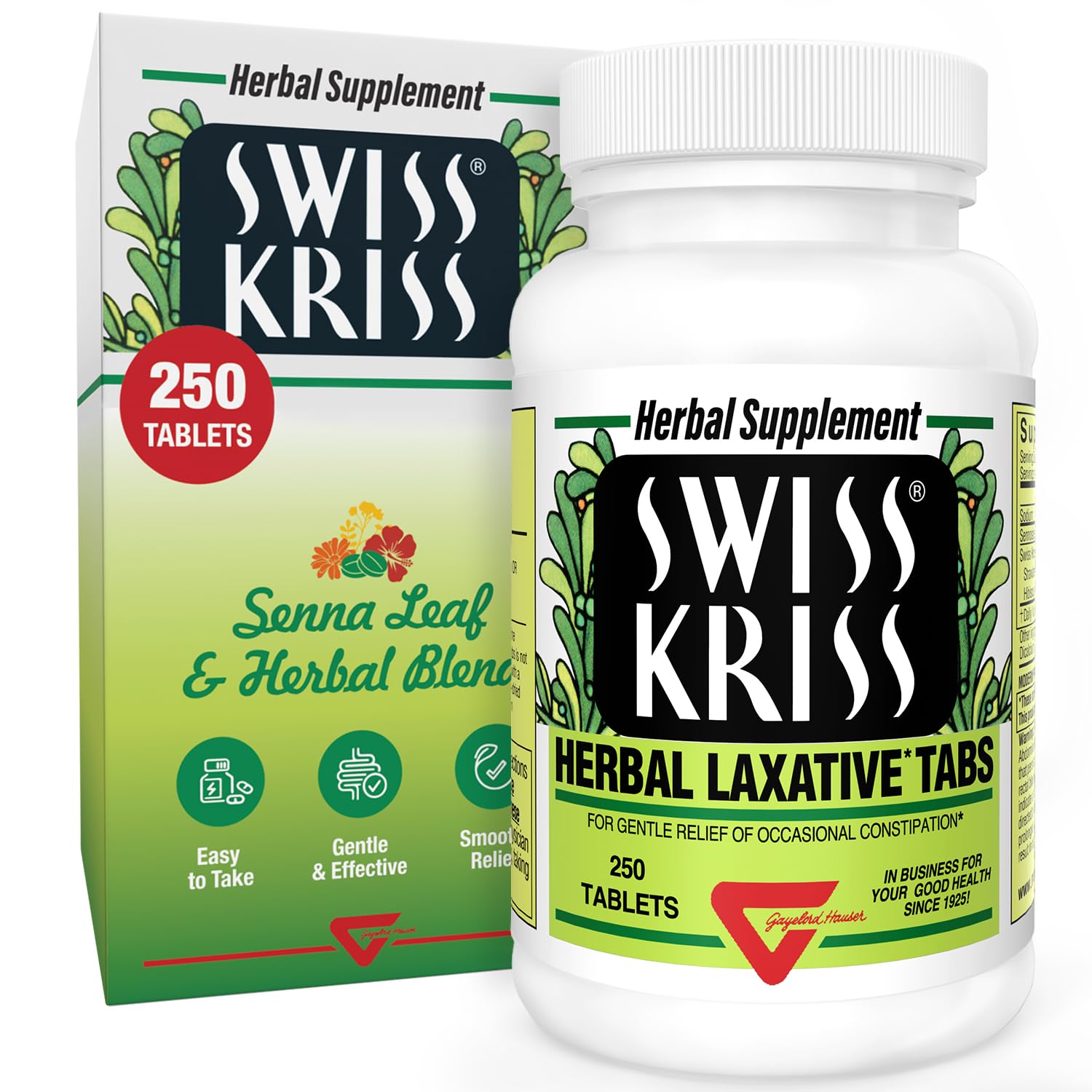 Emballage Swiss Kriss tablettes laxatif herbal, présentation claire et naturelle.