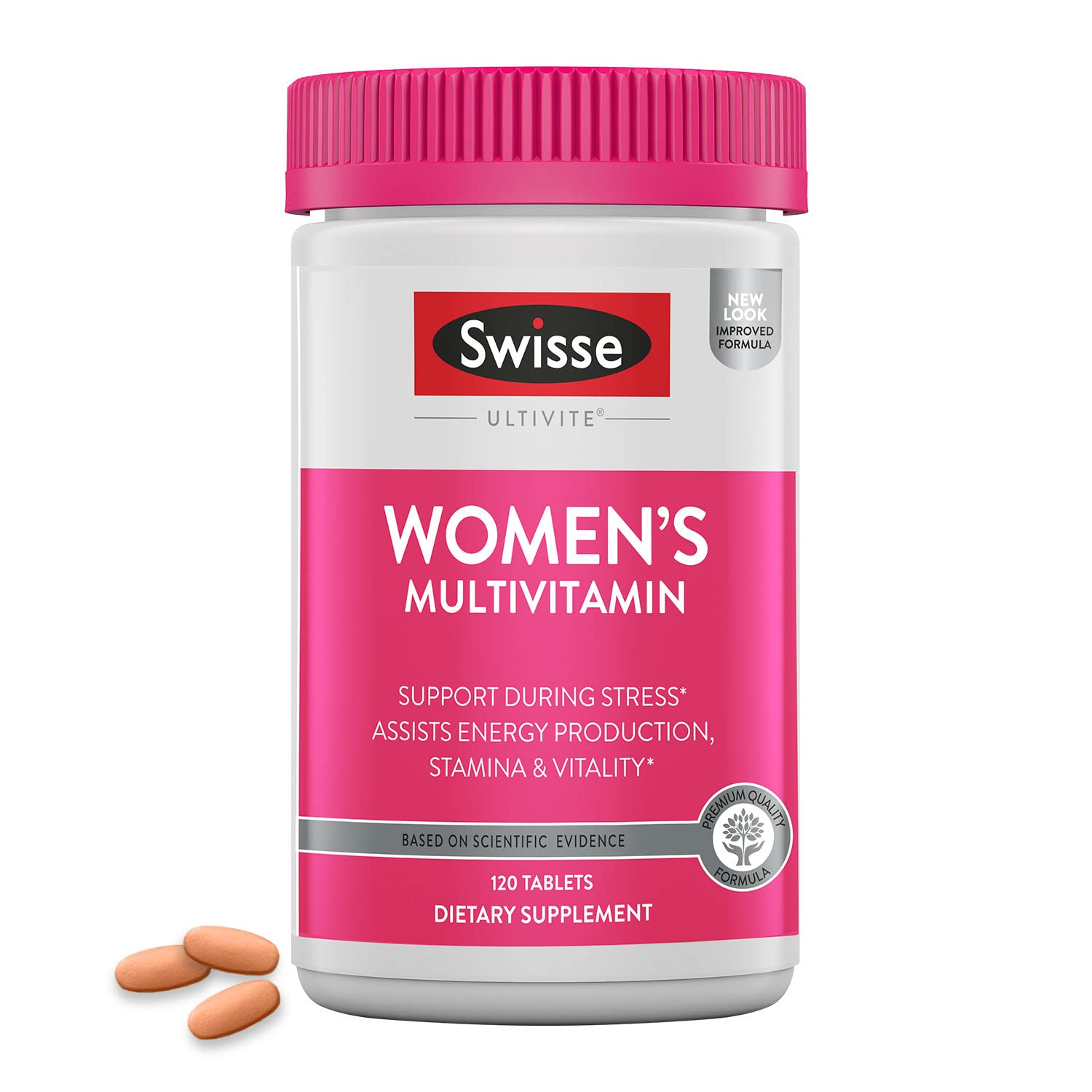 Swisse multivitamine quotidienne pour femmes — bouteille prête à l’emploi et énergie potentielle.