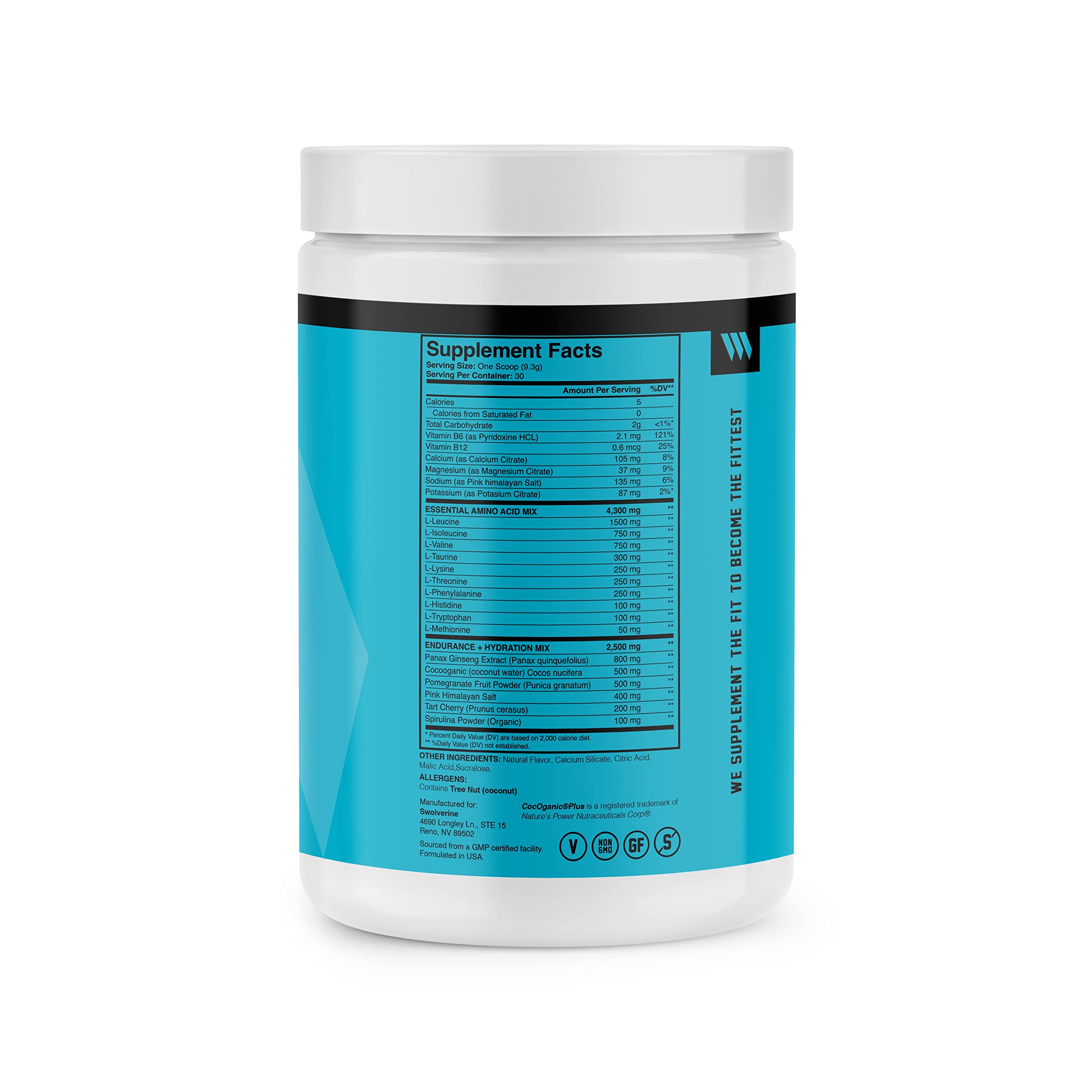 Swolverine Intra poudre Tropical Blast, contient acides aminés et électrolytes.