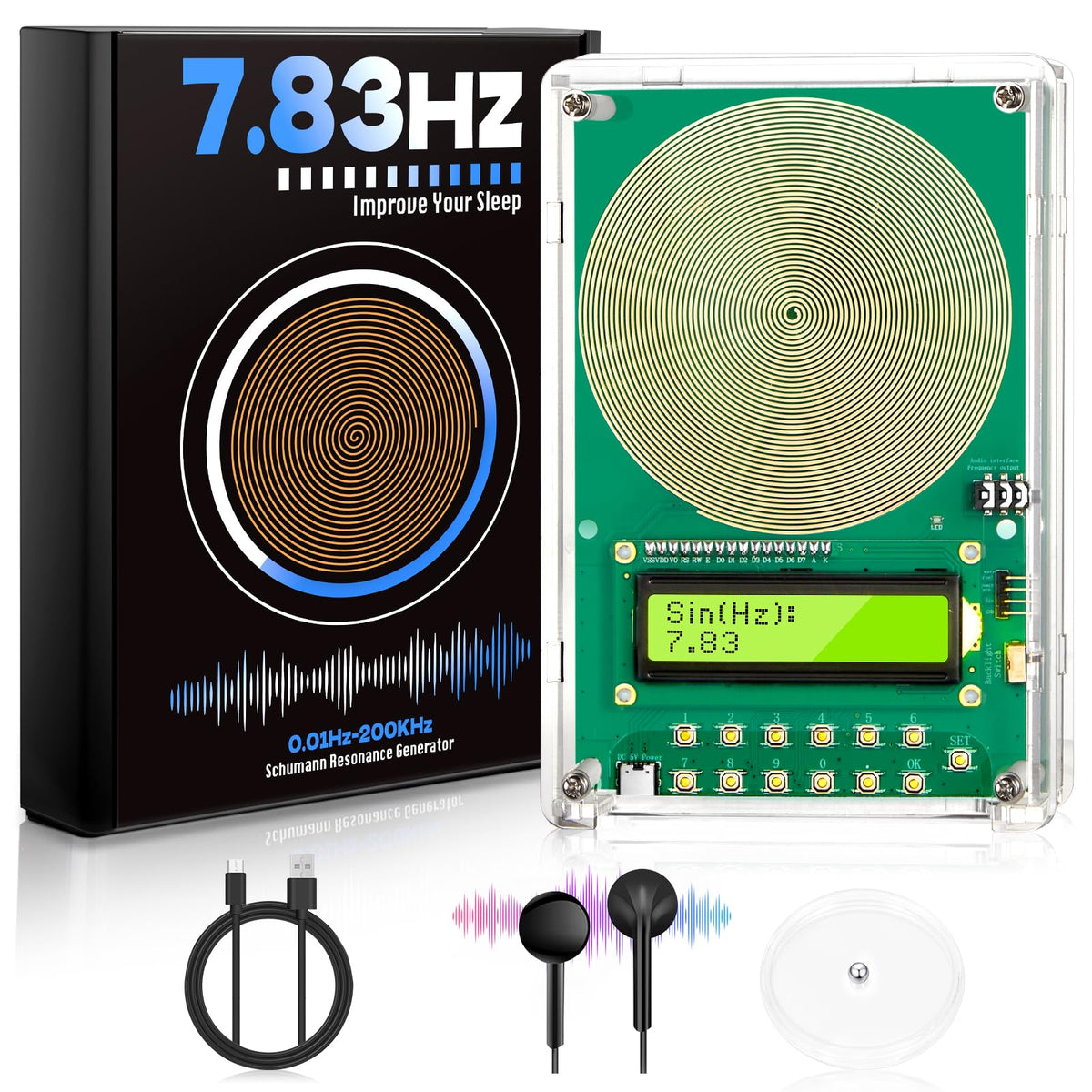 SXZL générateur fréquences guérison 7,83 Hz dans boîtier acrylique pour relaxation.