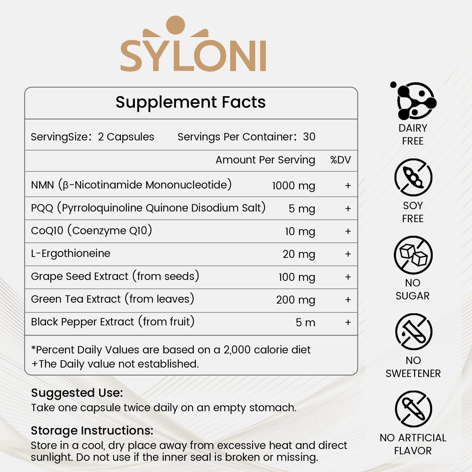 Étiquette-produit Syloni NMN avec liste d’ingrédients et bénéfices possibles