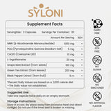 Étiquette-produit Syloni NMN avec liste d’ingrédients et bénéfices possibles