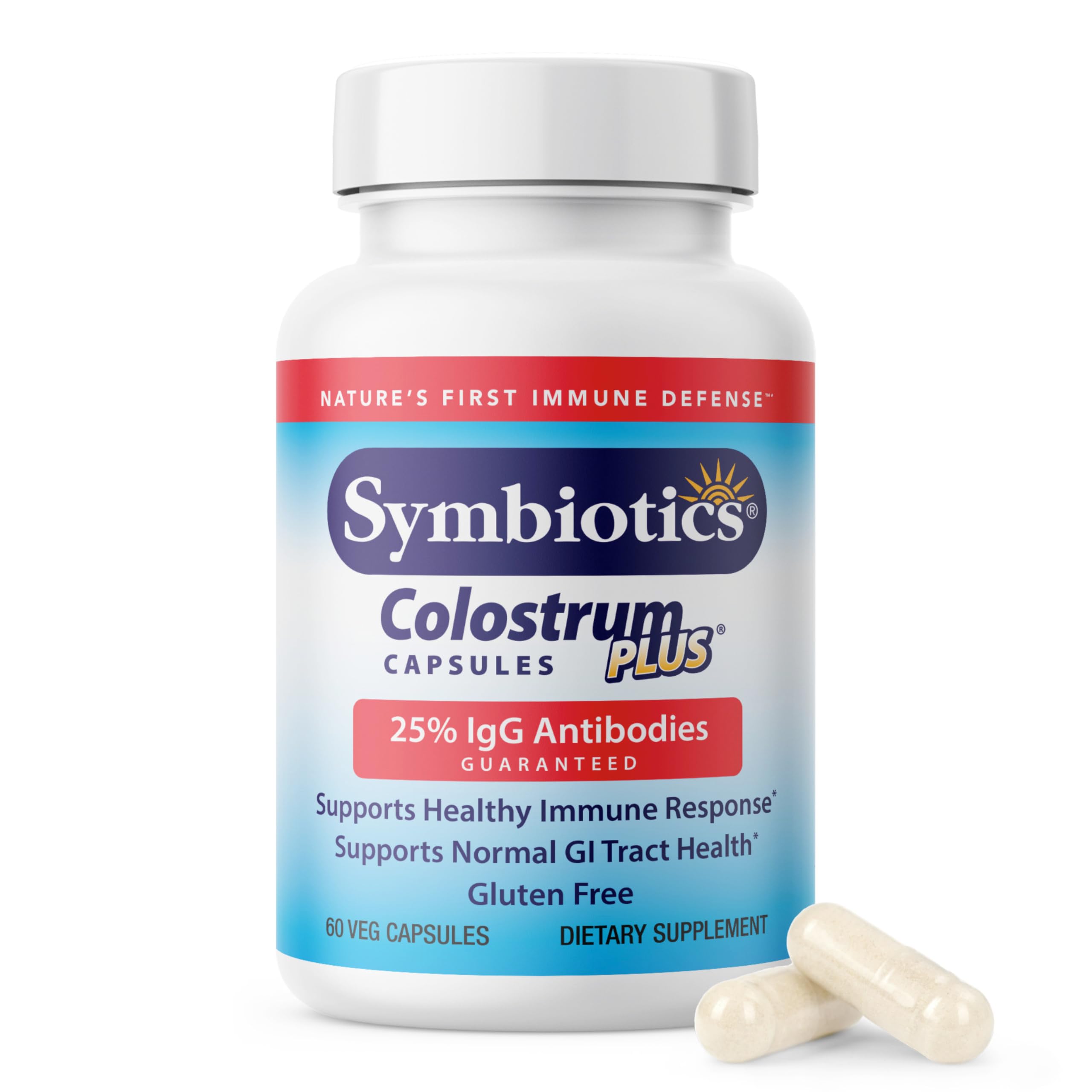 Symbiotics Colostrum capsules, bouteille pratique pour le quotidien et le soutien immunitaire.