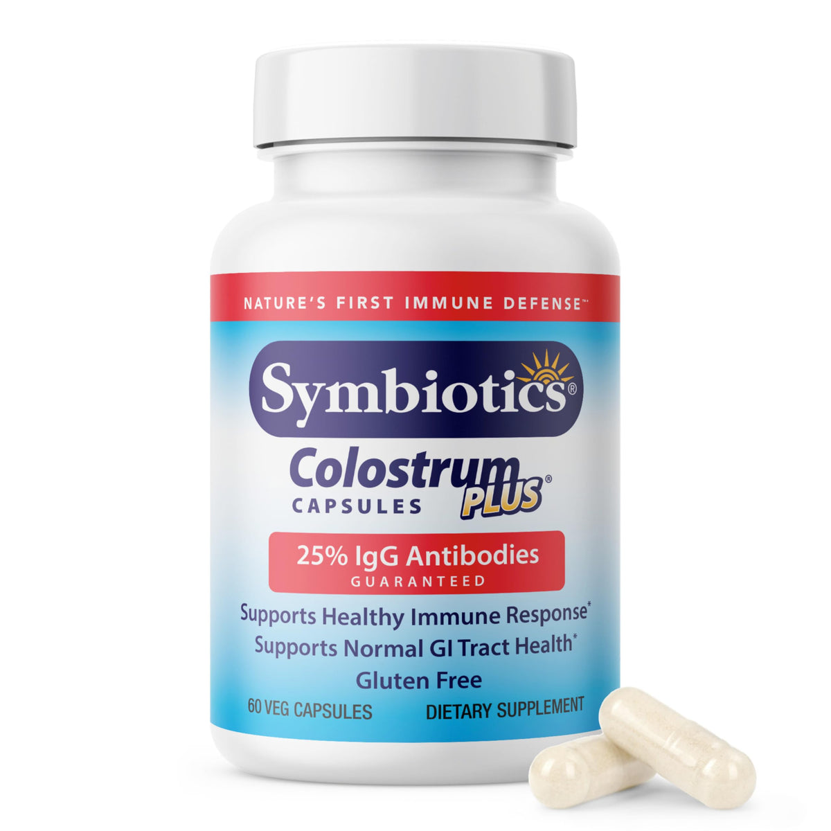 Symbiotics Colostrum capsules, bouteille pratique pour le quotidien et le soutien immunitaire.