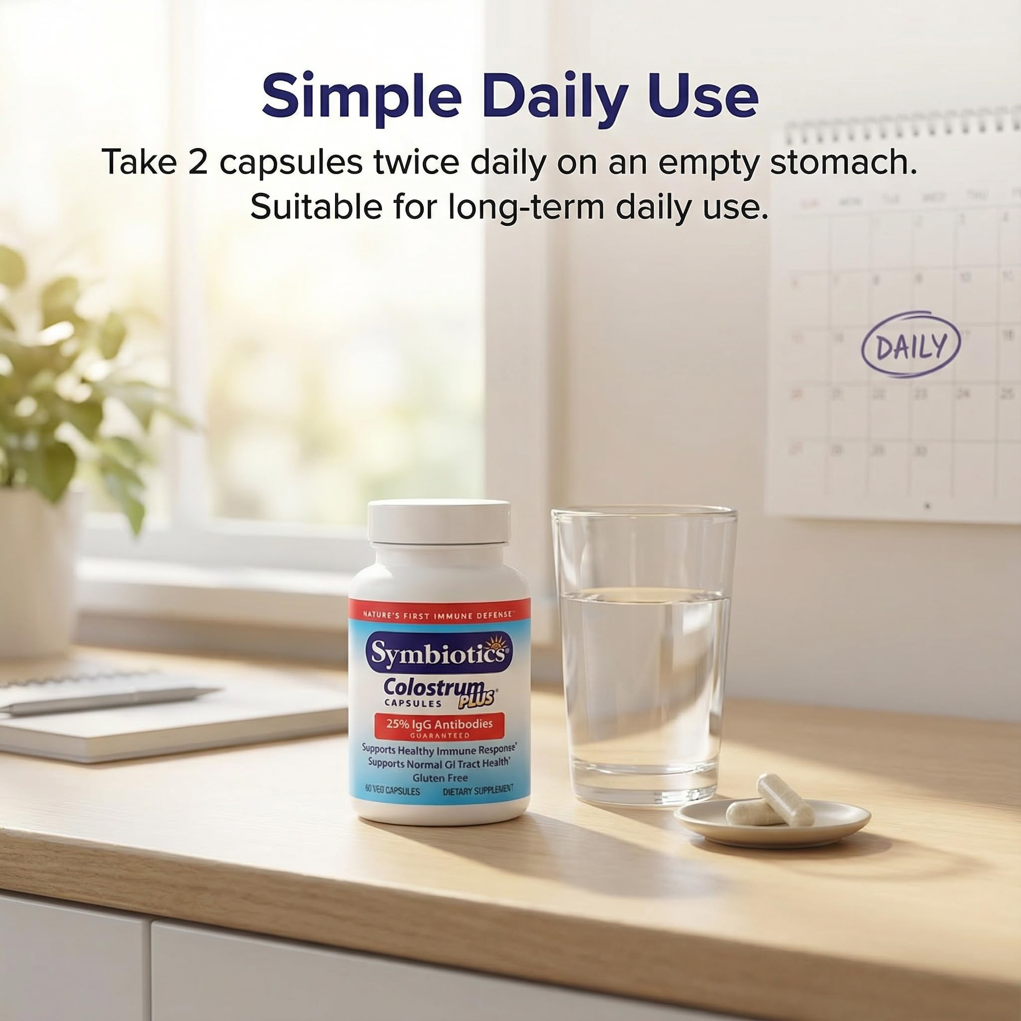 Symbiotics Colostrum capsules, conditionnement sans gluten garantissant fraîcheur.