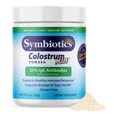 Symbiotics Colostrum Plus Poudre – bouteille visible, soutien immunitaire potentiel et récupération.