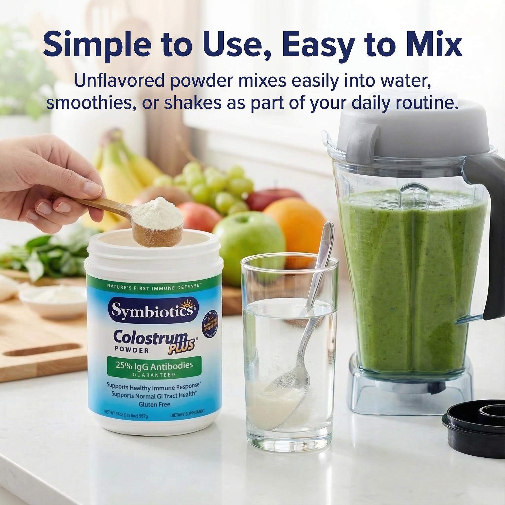 Symbiotics Colostrum Plus Poudre – flacon élégant, sans gluten.