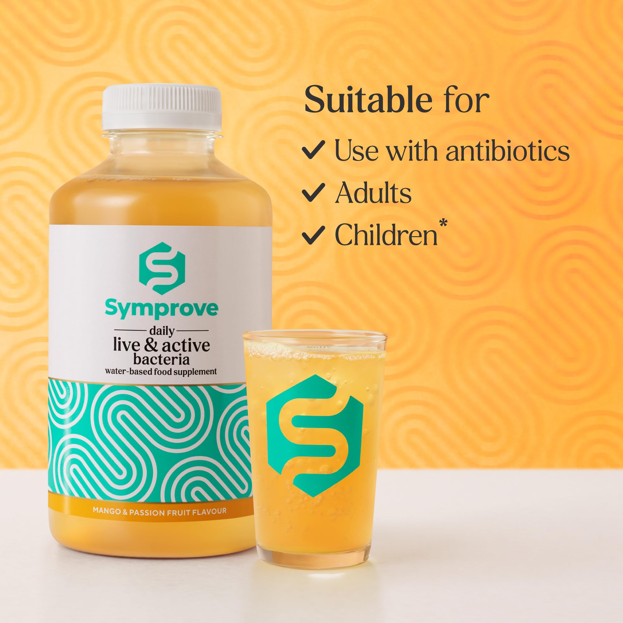 Symprove Mangue et Fruit de la Passion – étiquette sans gluten, transparent sur les ingrédients.