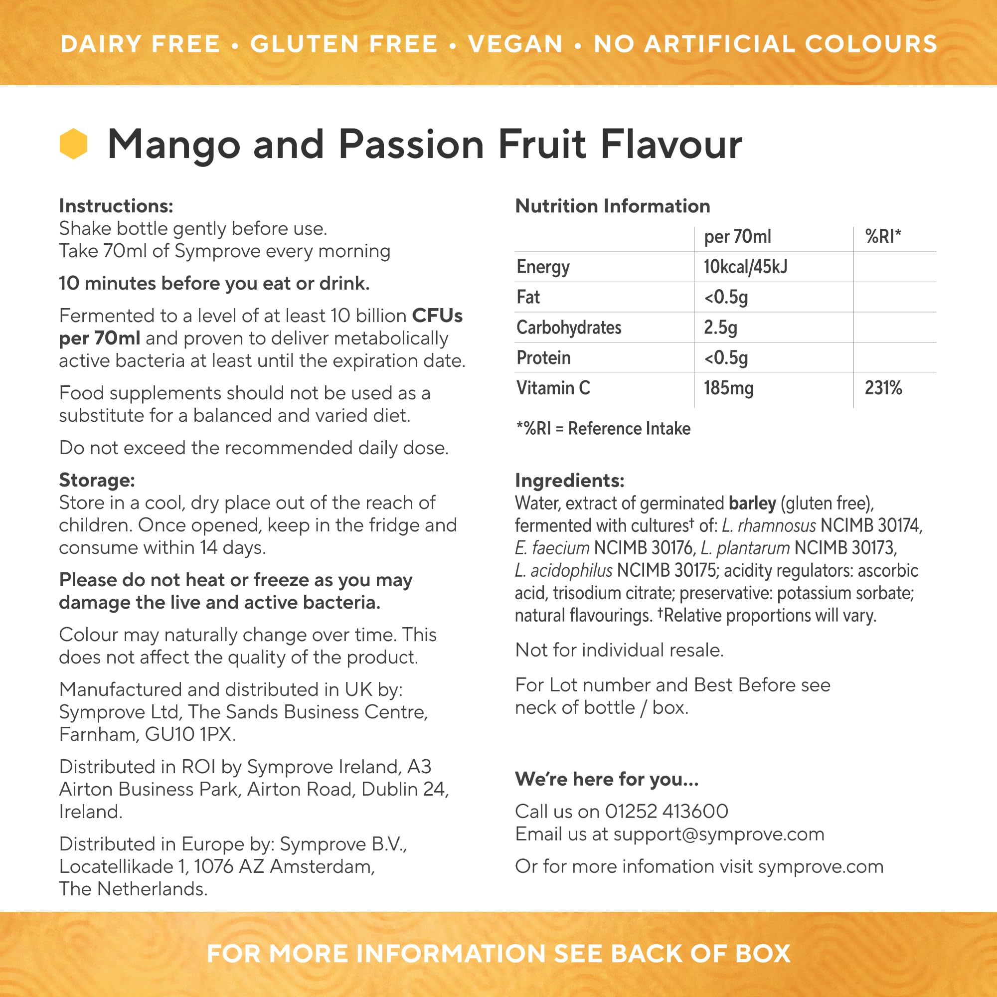 Symprove Mangue et Fruit de la Passion – verre plein, boisson rafraîchissante prête à déguster.