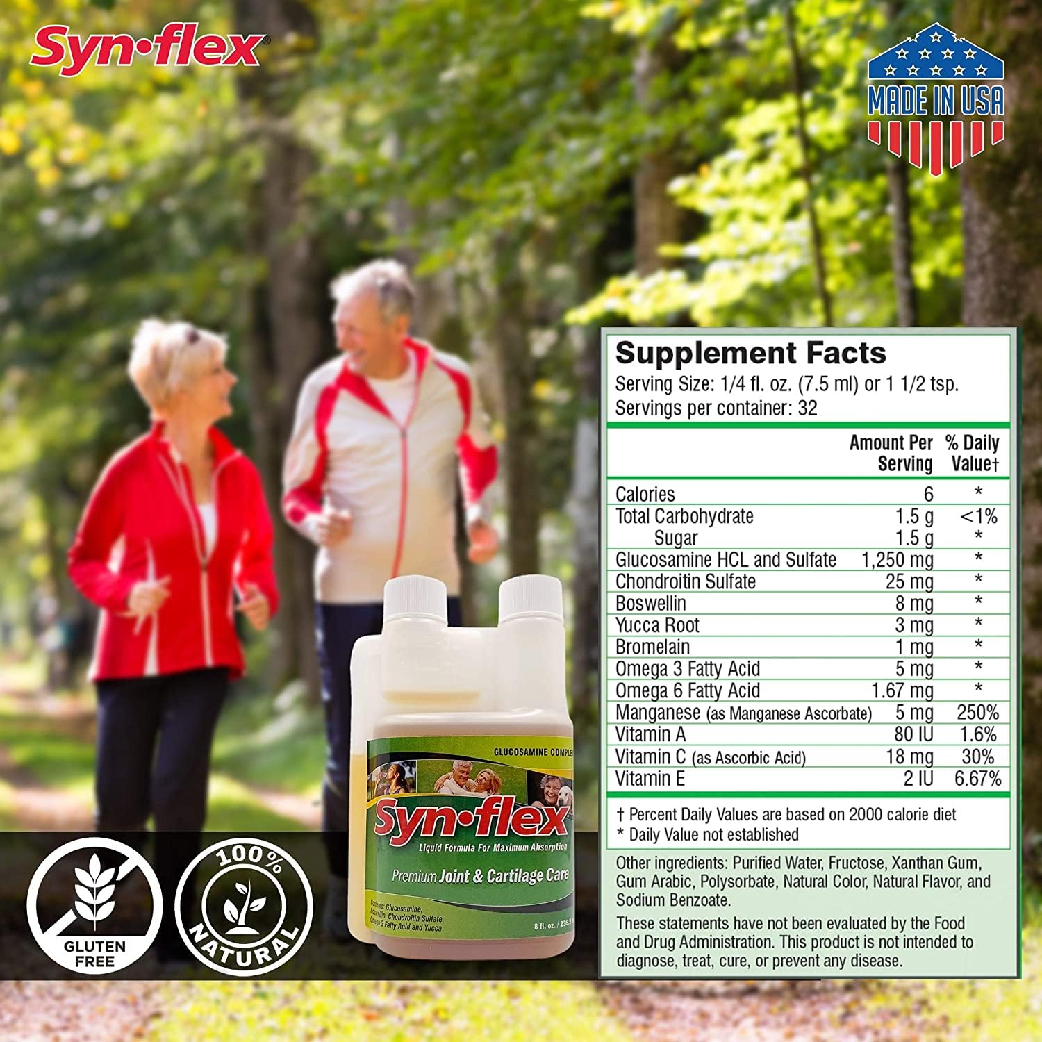Synflex Liquide Glucosamine Original, bouchon et flacon, montre facilité d’utilisation pour une routine quotidienne.