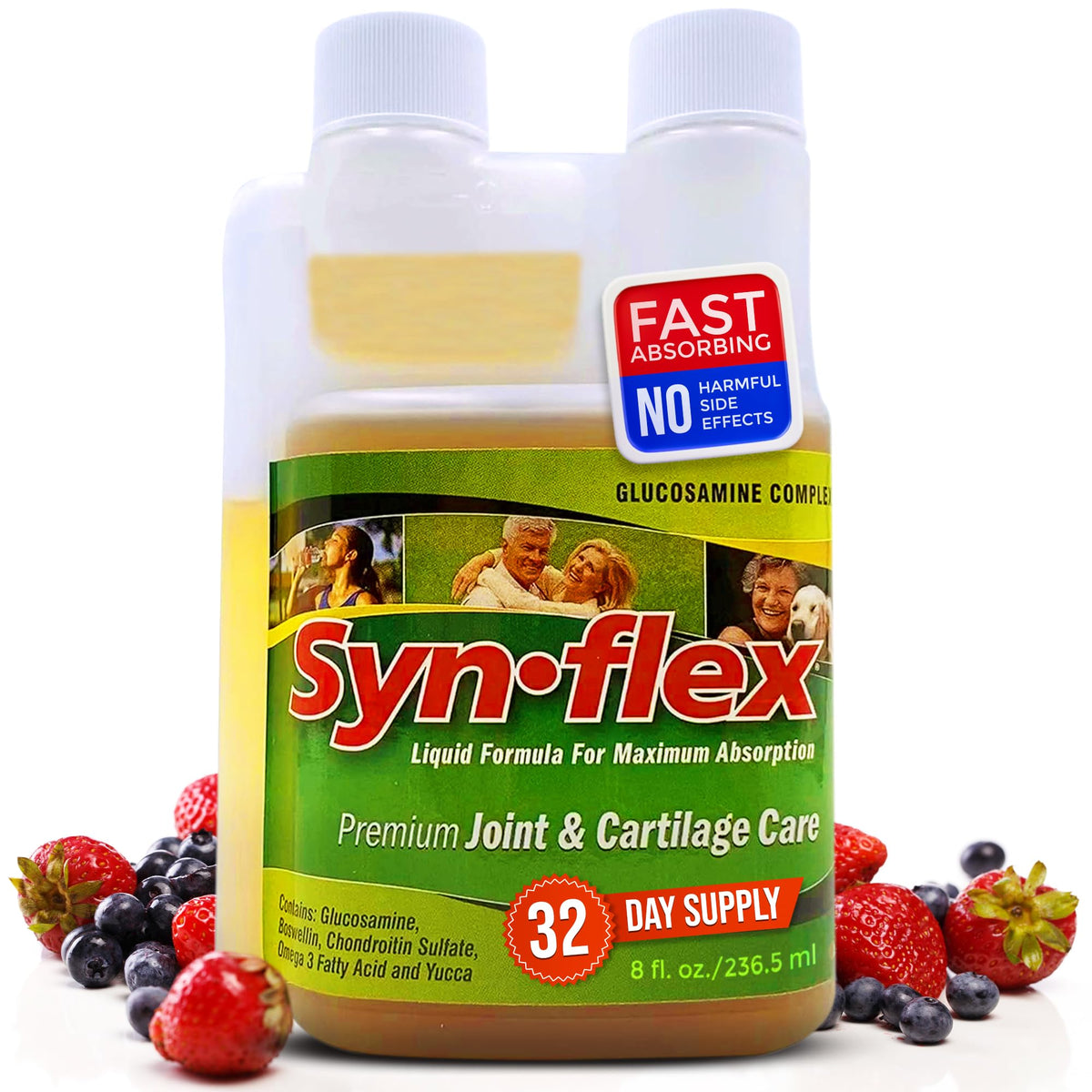 Synflex Liquide Glucosamine Original, bouteille en versement, soutien potentiel des articulations au quotidien.