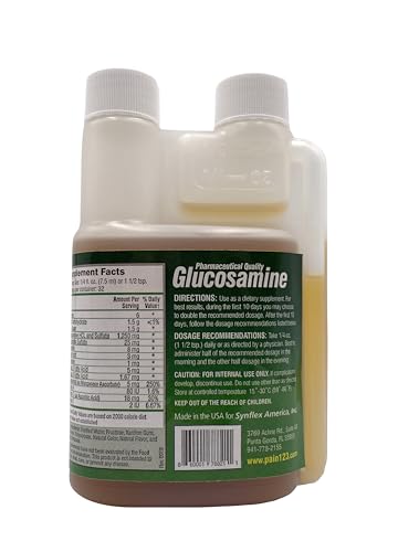 Synflex Liquide Glucosamine Original, etiquette-bouteille, explique dose pratique et saveur fruits rouges agréable.