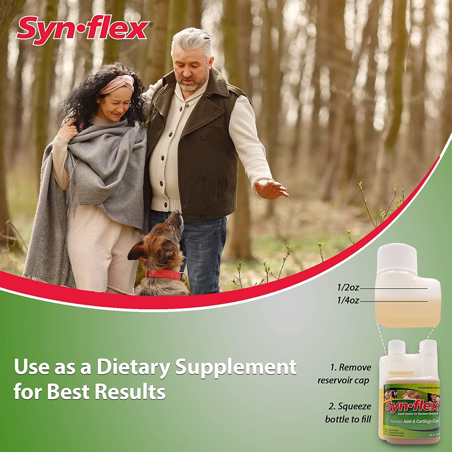 Synflex Liquide Glucosamine Original, flacon gros plan, met en avant ingrédients naturels et sans gluten.