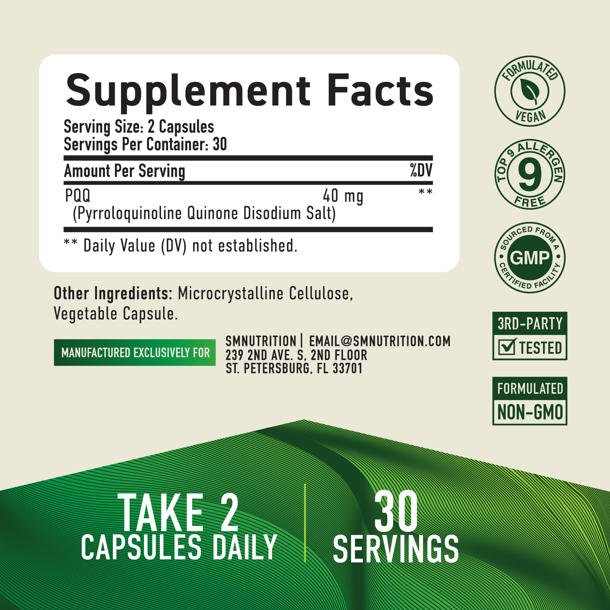 Capsules PQQ 40 mg, formulation concentrée pour énergie cellulaire.