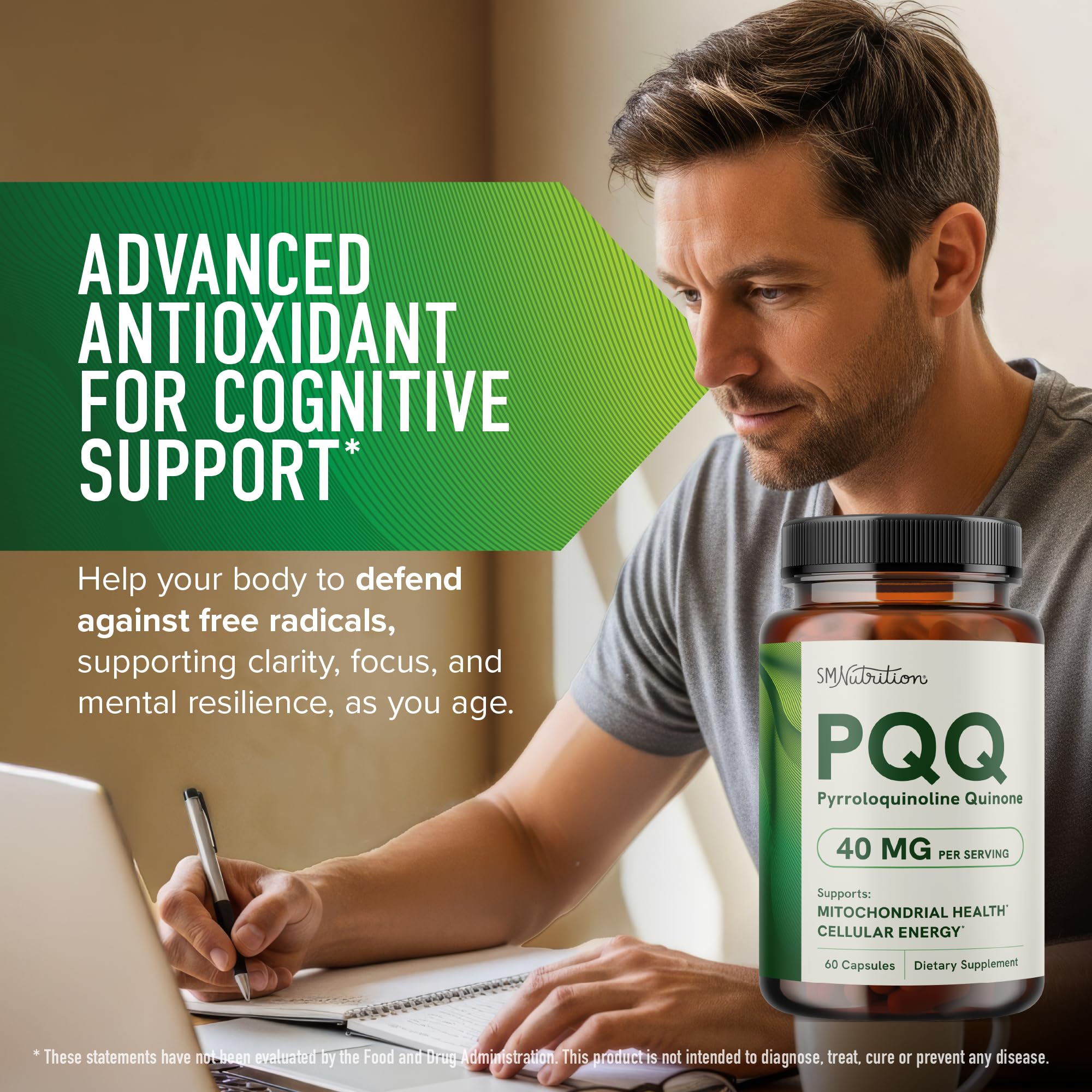 Emballage compact SMNutrition PQQ 40 mg, pratique pour le voyage.