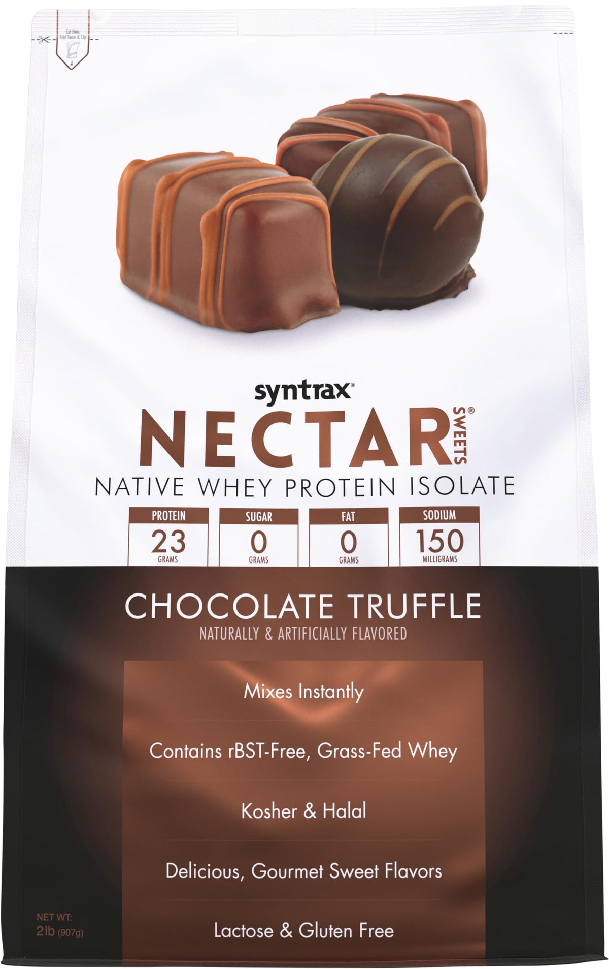 Syntrax Nectar Sweets: bouteille chocolat-truffe, goût gourmet sans glucides ni lipides.