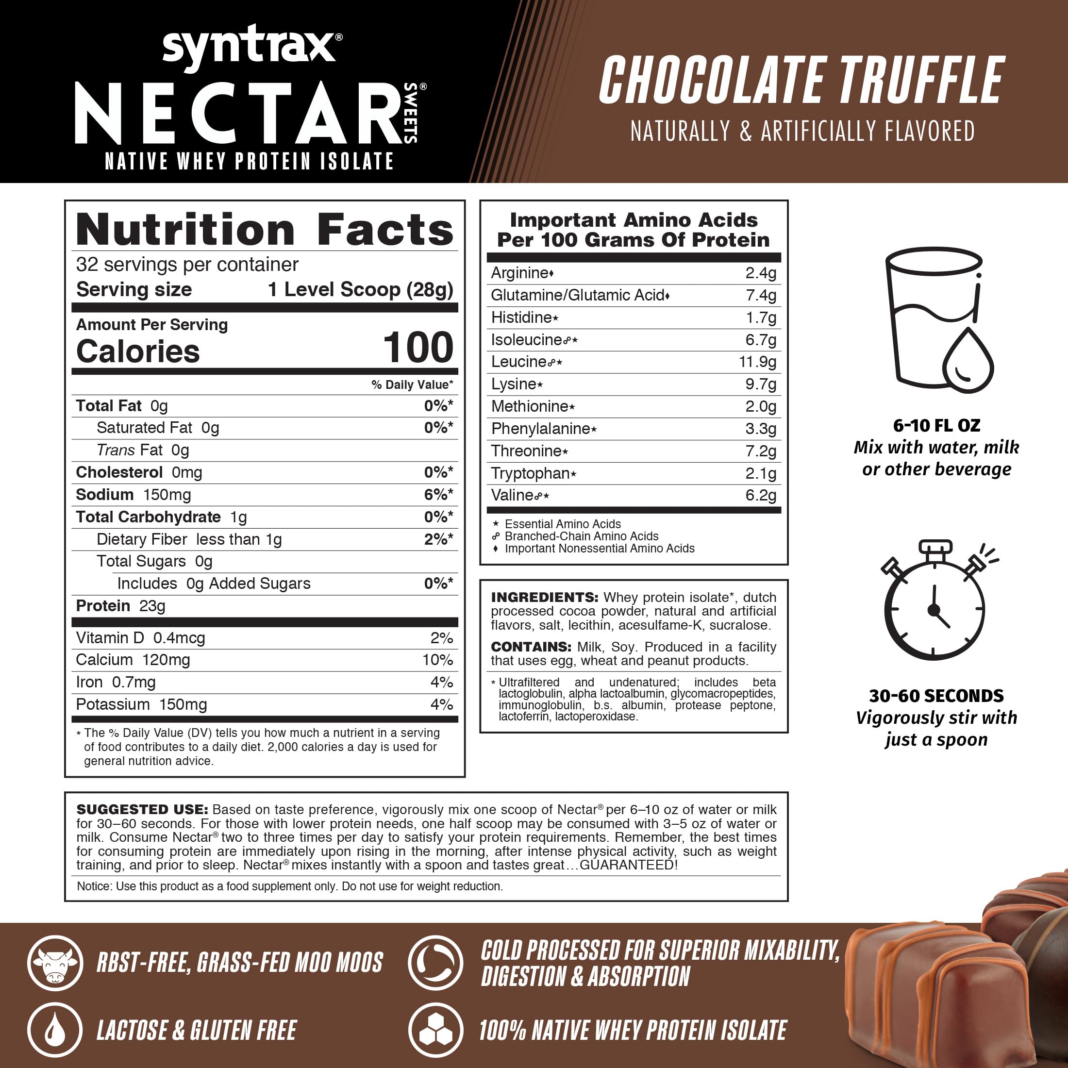 Syntrax Nectar Sweets: texture poudre chocolat, expérience gustative rapide.