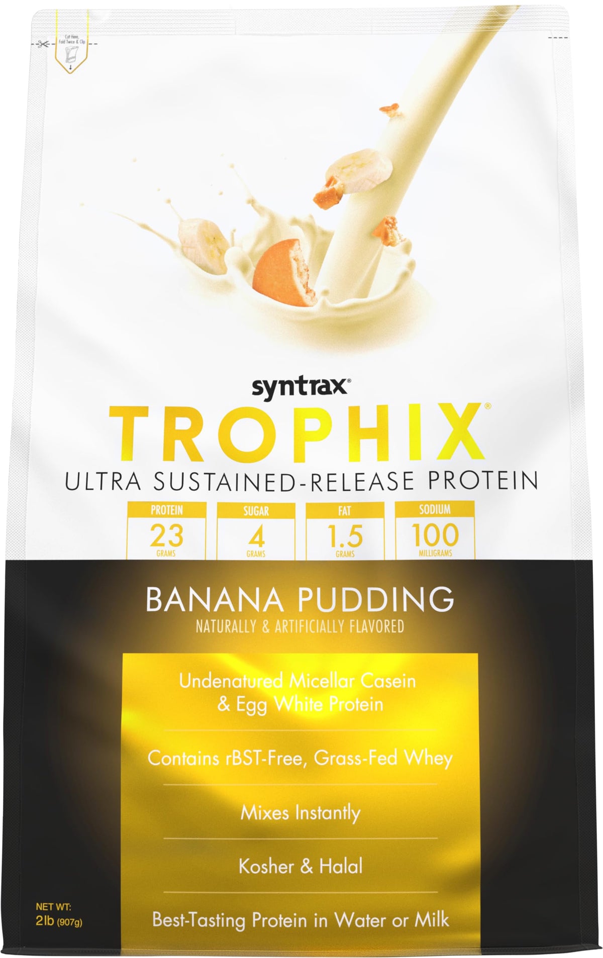 Syntrax Trophix banane-pudding : bouteille visible, shake rapide après l’entraînement.