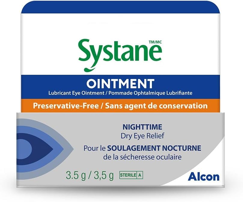 Pommade oculaire nocturne Systane, application sur l'œil, apaise potentiellement irritation et brûlure nocturne.
